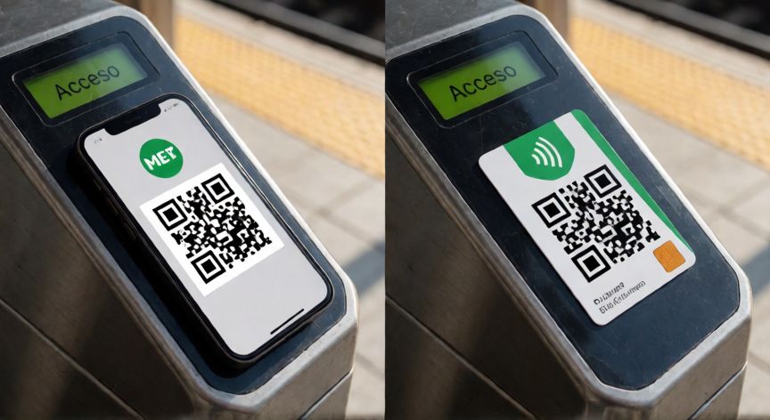 que tecnologia usan las tarjetas del metro, Móvil con código QR y tarjeta de metro sin contacto junto a una validadora