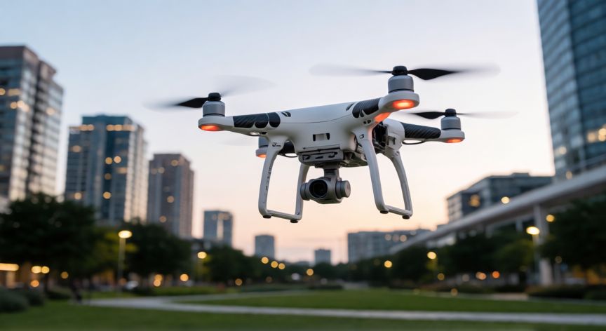 que tecnologia usan los drones, Dron multirotor con camara y sensores volando en una ciudad al anochecer