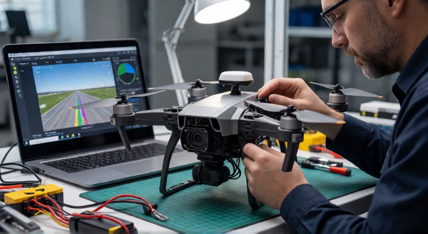 que tecnologia usan los drones, Tecnico revisando la bateria, antena GPS y telemetria de un dron en un banco de trabajo
