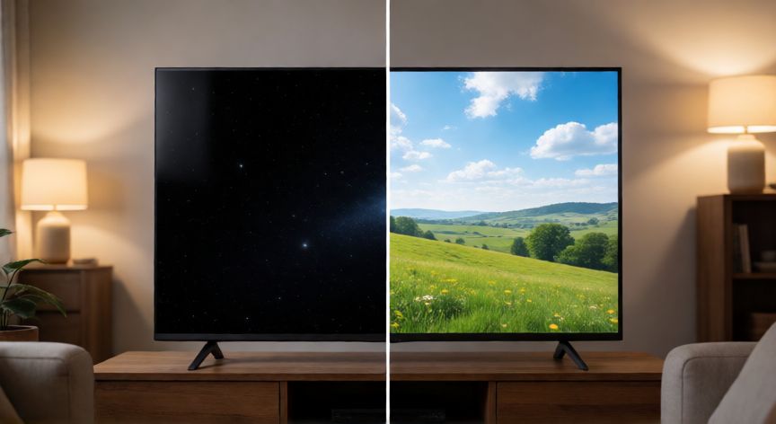 que televisor es mejor oled o led, Comparativa visual entre televisor OLED y LED en un salón moderno