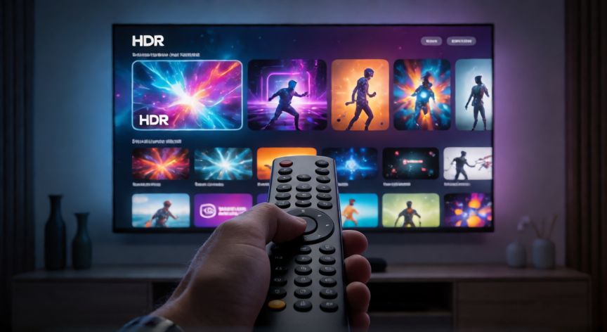 que televisor es mejor oled o led, Detalle de un televisor grande mostrando contenido HDR en una habitación oscura