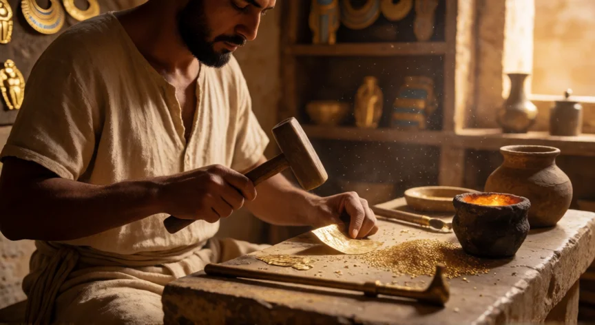 Orfebre egipcio trabajando el oro con yunque y martillo en un taller antiguo