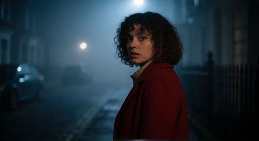 que.ocurrio con emily.willis, Mujer joven en una calle nieblosa interpretando un papel de serie de misterio británica