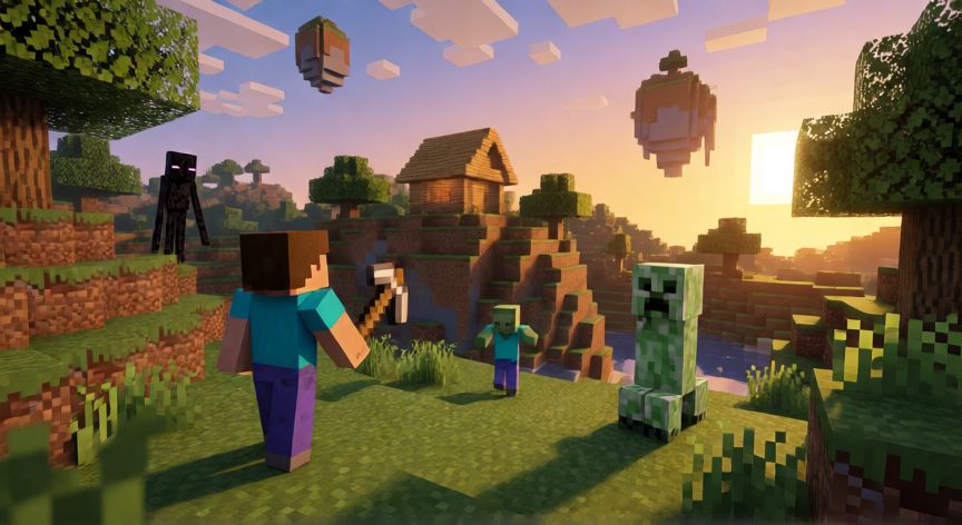 quién es quién minecraft, Personajes y mobs de Minecraft en un paisaje al atardecer con Steve, creeper, zombi y enderman