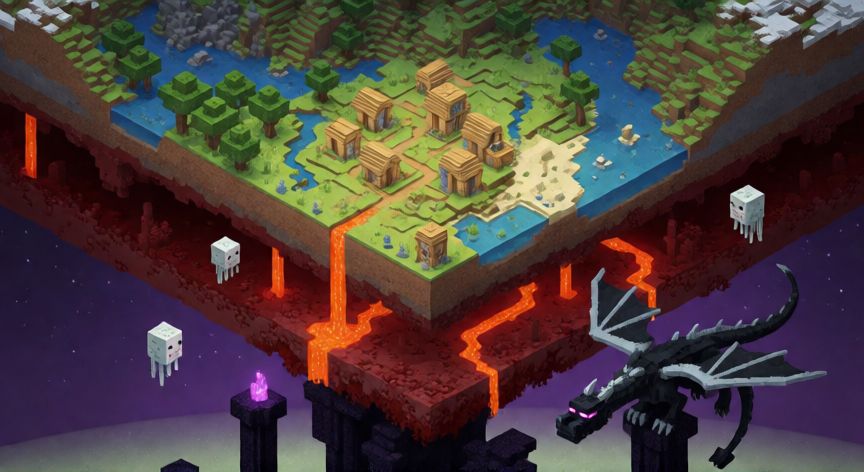 quién es quién minecraft, Corte transversal del mundo de Minecraft mostrando las tres dimensiones: Overworld, Nether y End