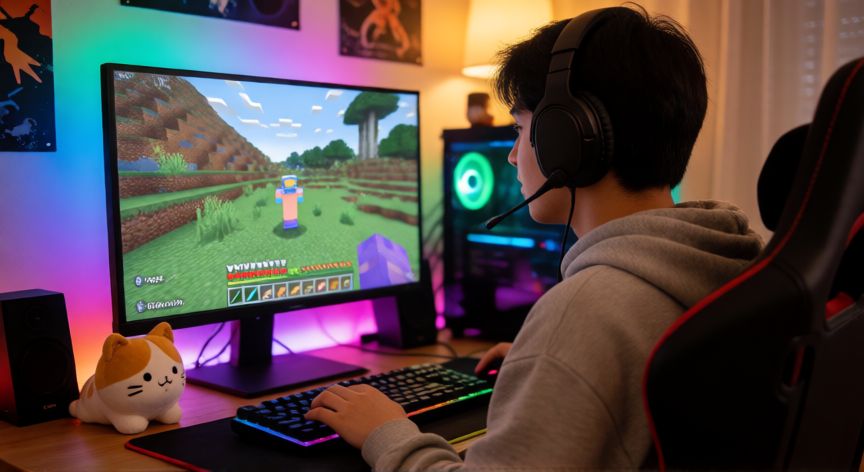 quien es ymiau minecraft, Creador de contenido Minecraft en su setup de grabación con iluminación RGB
