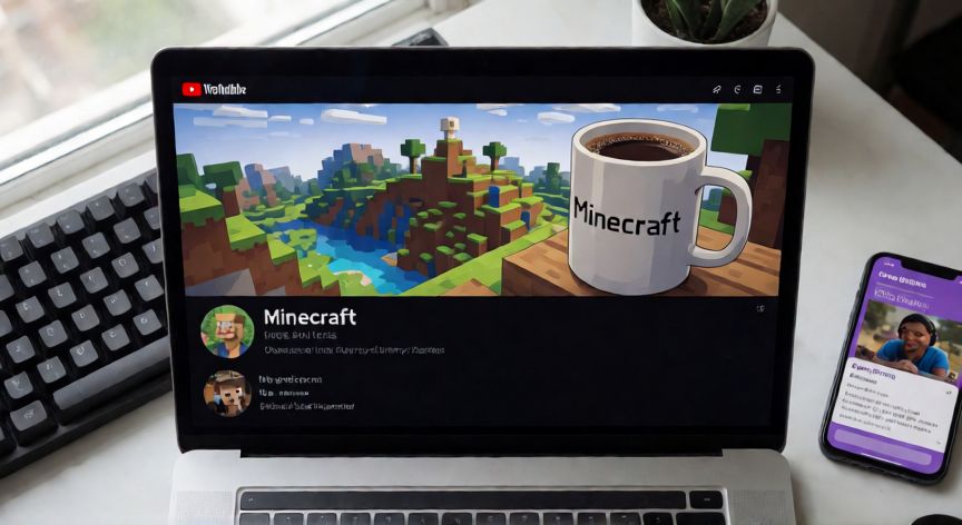 quien es ymiau minecraft, Setup de escritorio con contenido de Minecraft en pantalla y teléfono con notificaciones de streaming