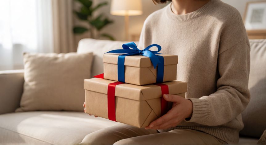 razon por la que cambiarias un regalo, Personas sosteniendo cajas de regalo en un salón cálido