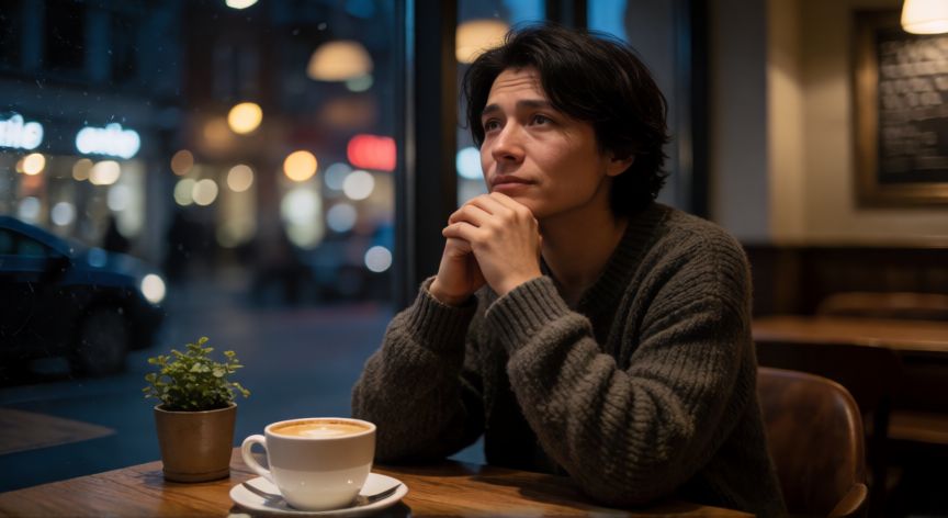 sabias que no cambiarias jhonny rivera letra, Persona reflexionando en una cafetería nocturna