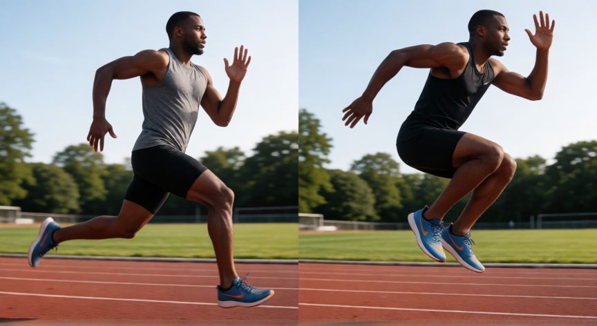 saltar es mejor que correr, Atleta corriendo junto a otro saltando en una pista de atletismo mostrando la diferencia de movimiento