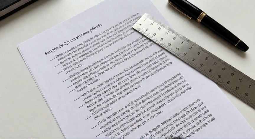sangria en word 0.5, Documento impreso con sangría de 0,5 cm visible en cada párrafo, con una regla metálica midiendo la indentación