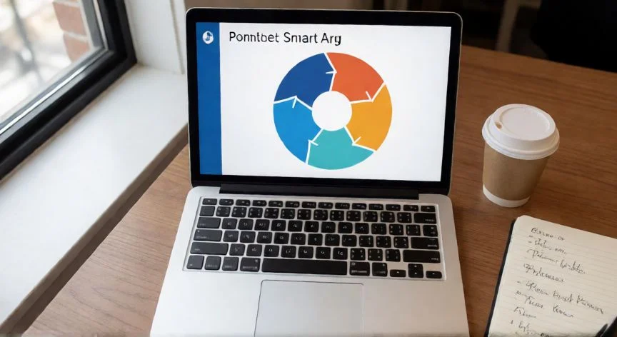 smartart en powerpoint que es, Diagrama SmartArt de proceso circular en una diapositiva de PowerPoint sobre un escritorio de trabajo