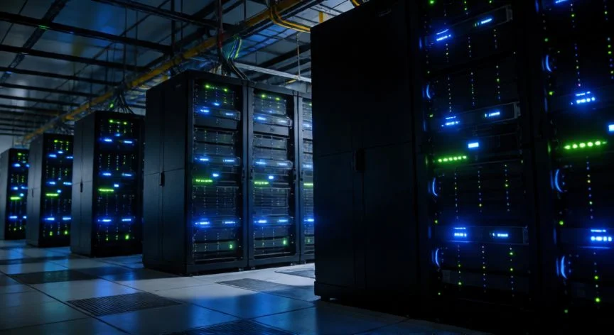 Centro de datos masivo con servidores encendidos de noche