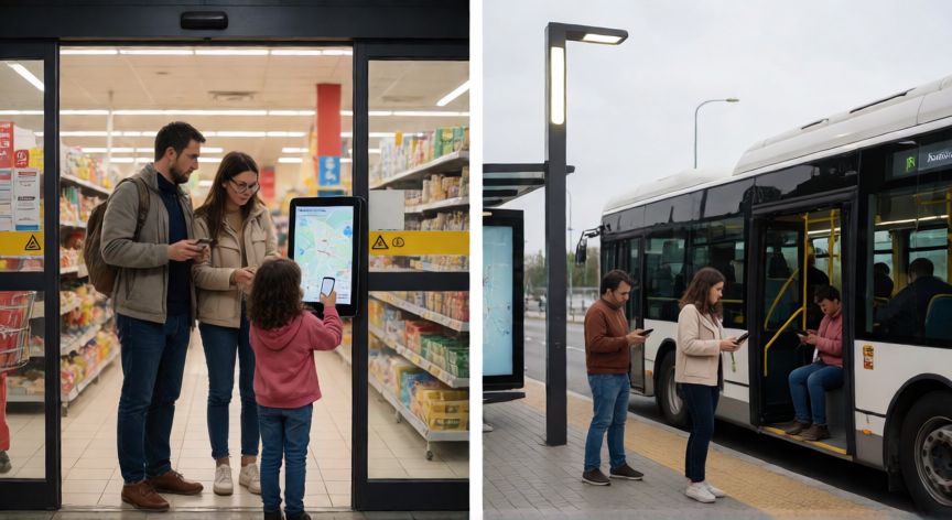 tecnologia que nos rodea 4 grado, Familia observando señales, transporte y dispositivos digitales en la ciudad para identificar tecnología cotidiana