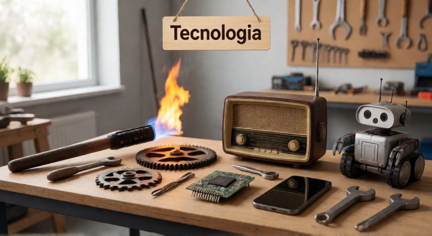 tecnología qué quiere decir, Herramientas tecnológicas de distintas épocas sobre una mesa de trabajo