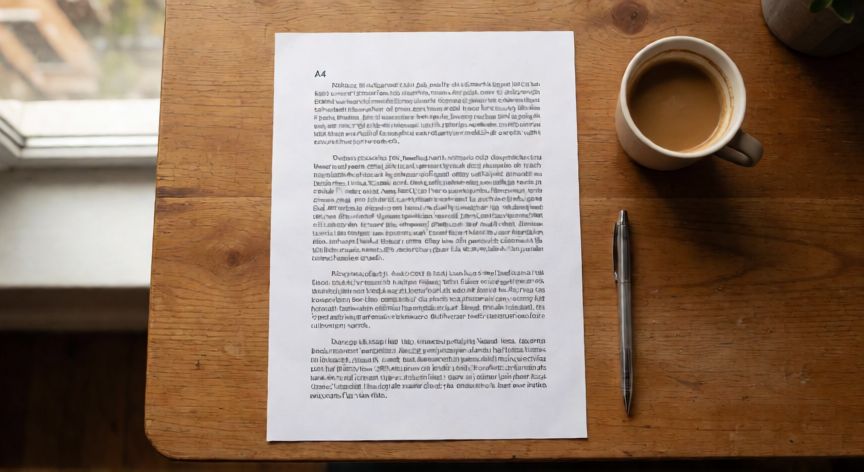 texto en word justificado, Documento impreso con texto justificado sobre un escritorio de madera