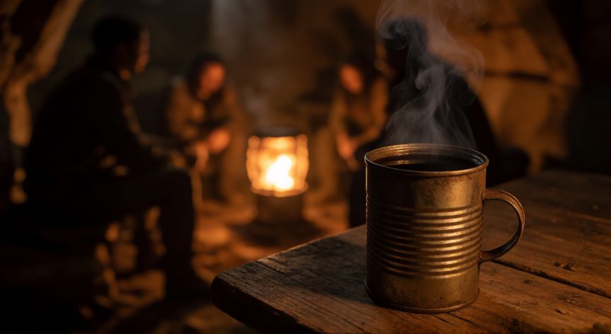 this war of mine como hacer cafe, Taza de café hecha con una lata en un refugio subterráneo