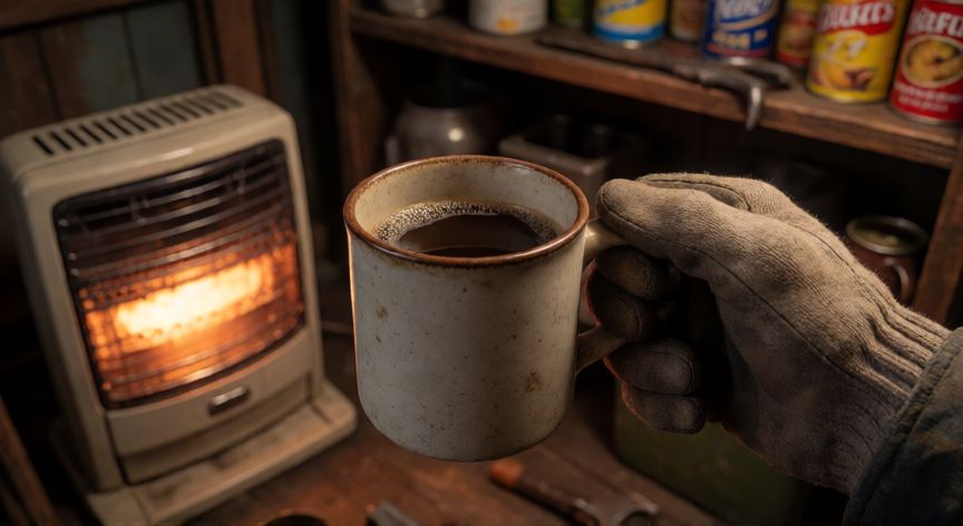 this war of mine como hacer cafe, Manos sosteniendo una taza de café junto a un calentador en un refugio