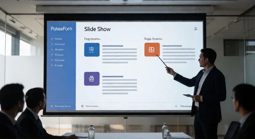 tipos de vista en powerpoint y para que sirven, Presentador mostrando una presentación en PowerPoint en modo Presentación a pantalla completa