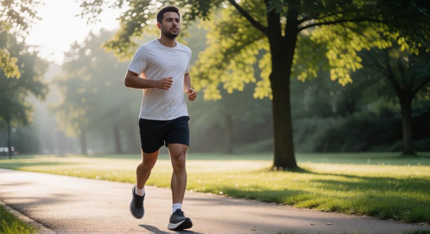 Hombre trotando a ritmo suave en un parque por la mañana