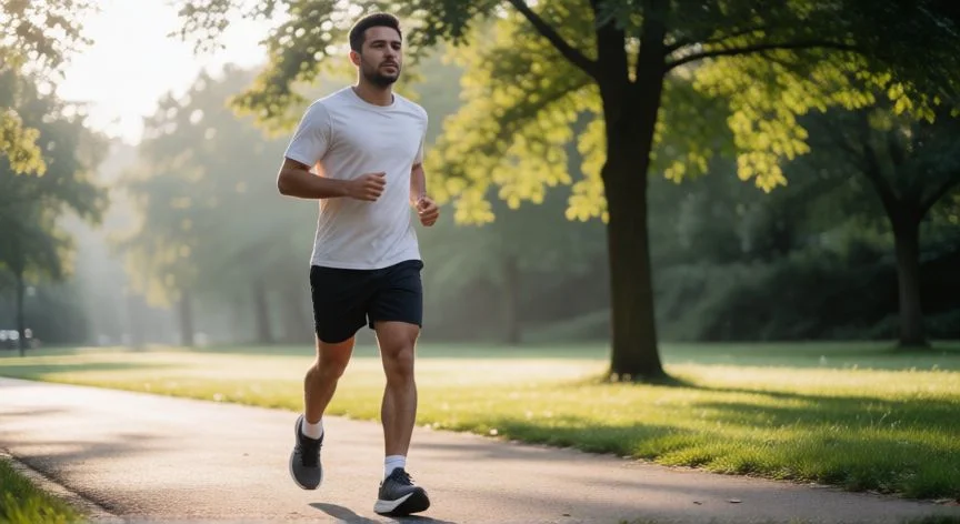 Persona trotando con sonrisa en un parque al amanecer