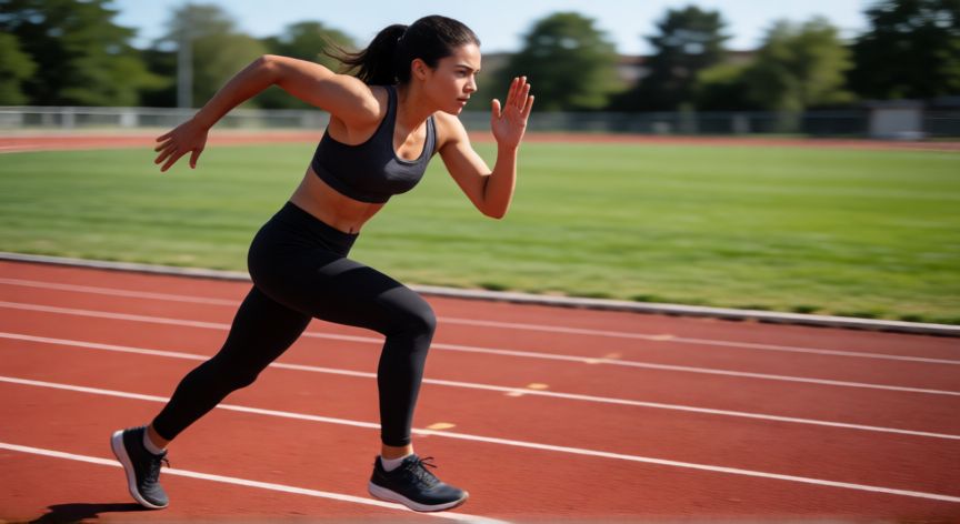 trotar es mejor que correr, Mujer corriendo a alta velocidad en una pista de atletismo roja