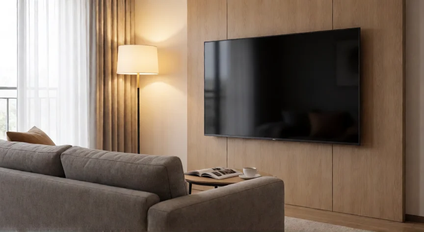 Salón moderno con TV de 65 pulgadas en pared y sofá a distancia de visión ideal