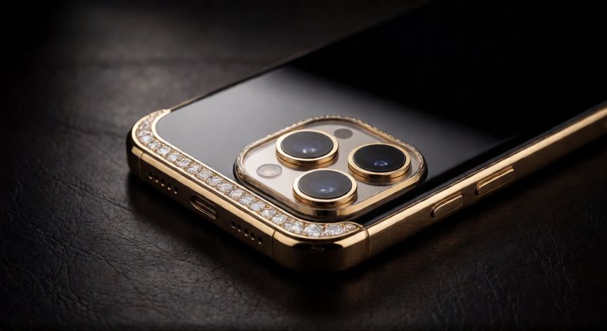 vertu es mejor que iphone, Detalle de un teléfono Vertu con acabados en oro y diamantes sobre cuero