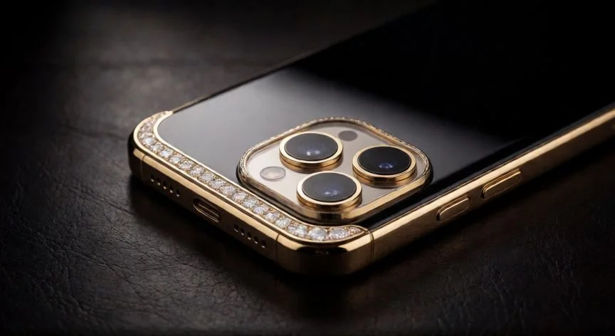 vertu es mejor que iphone, Detalle de un teléfono Vertu con acabados en oro y diamantes sobre cuero