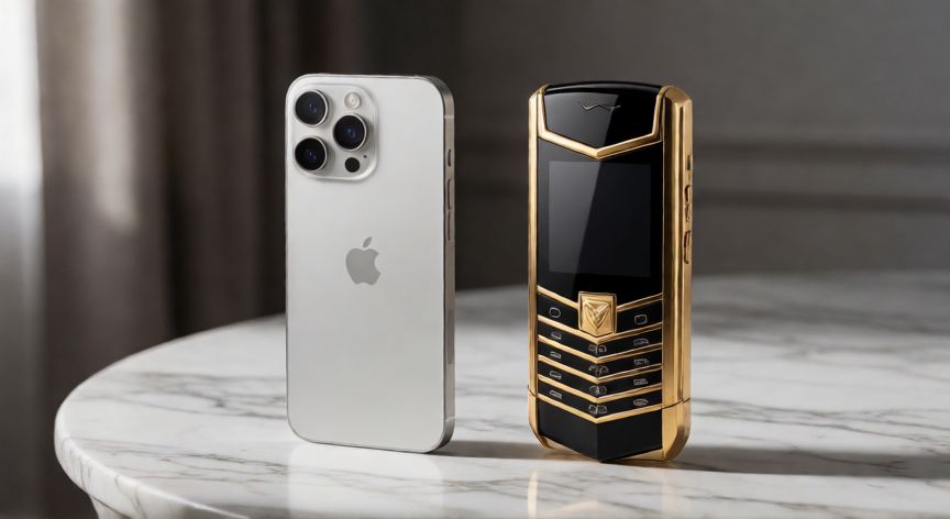 vertu es mejor que iphone, Comparación visual entre un iPhone y un teléfono Vertu de lujo sobre mármol
