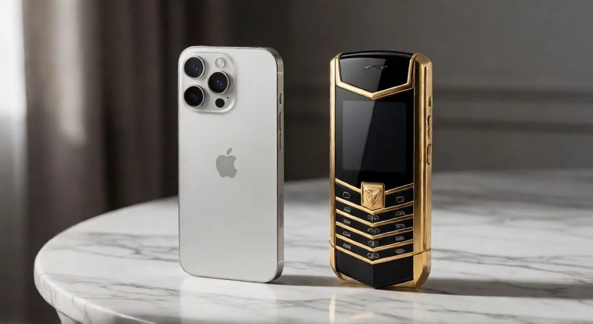 vertu es mejor que iphone, Comparación visual entre un iPhone y un teléfono Vertu de lujo sobre mármol