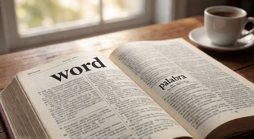 word en español, Diccionario bilingüe inglés-español abierto mostrando la entrada de la palabra word y su traducción al español palabra
