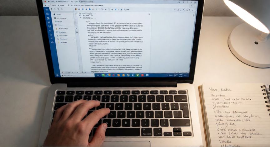 word en español, Persona escribiendo en un procesador de textos con notas de vocabulario español al lado del portátil