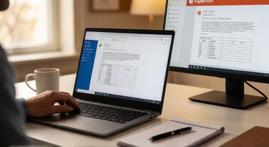 word en jpg convertir, Persona convirtiendo un documento de Word a JPG usando PowerPoint en su ordenador
