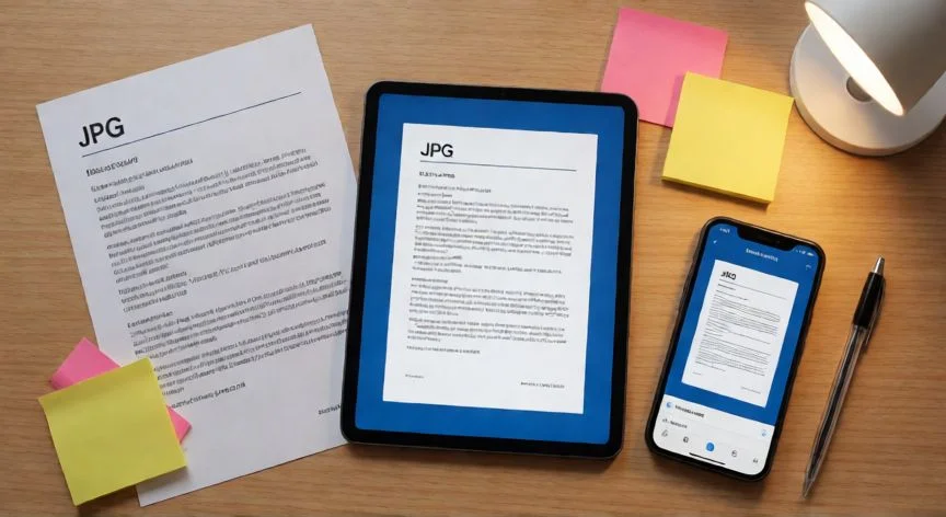 word en jpg convertir, Espacio de trabajo con documento impreso y archivo JPG en una tableta