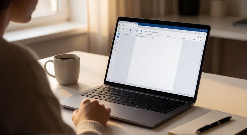 word en linea gratis, Persona usando Microsoft Word online en un portátil con la interfaz visible en pantalla