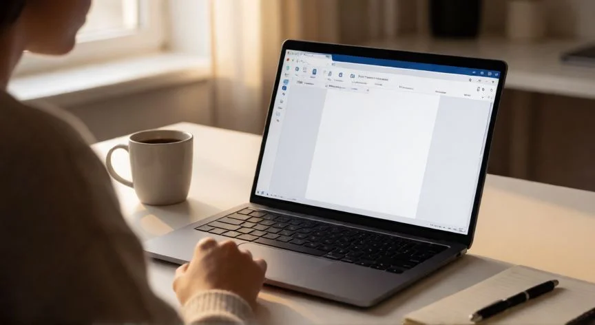 Persona usando Microsoft Word online en un portátil con la interfaz visible en pantalla