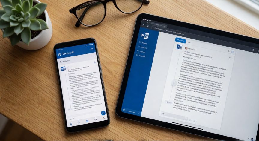 word en linea gratis, Móvil y tablet mostrando Word en línea con colaboración en tiempo real sobre una mesa de madera