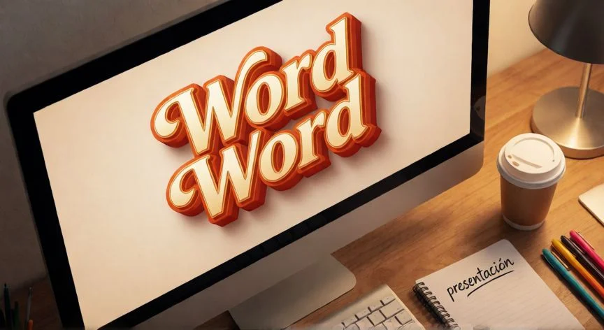 wordart en powerpoint online, Mesa de trabajo con monitor mostrando un título WordArt con degradado dorado en una diapositiva de PowerPoint