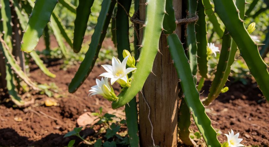 www como plantar pitaya, Planta de pitaya joven creciendo sobre un tutor de madera en un jardín soleado