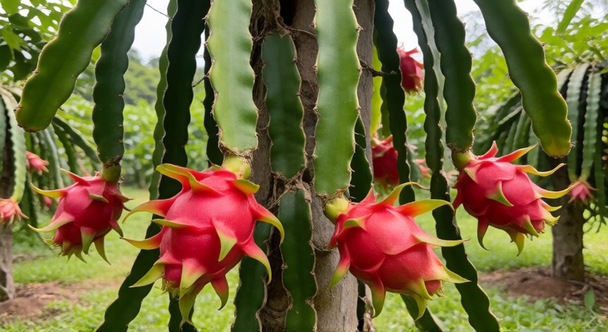 www como plantar pitaya, Cactus de pitaya maduro con frutas rojas maduras colgando de los tallos