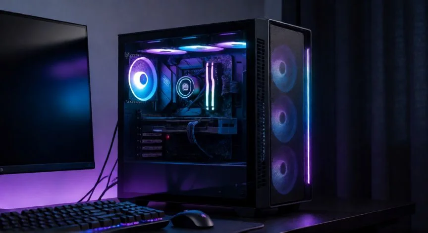 xataka que ordenador comprar, Ordenador de torre para gaming con iluminación RGB y componentes visibles