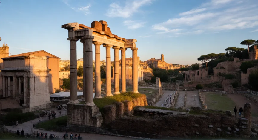 Vista del Foro Romano al atardecer con columnas y colinas del Palatino al fondo
