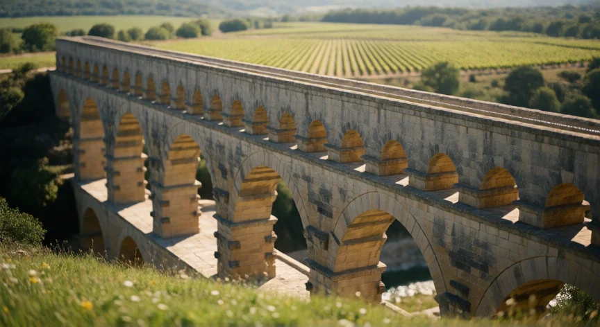 y que hicieron los romanos por nosotros, Acueducto romano de tres niveles con arcos de piedra y viñedos al fondo